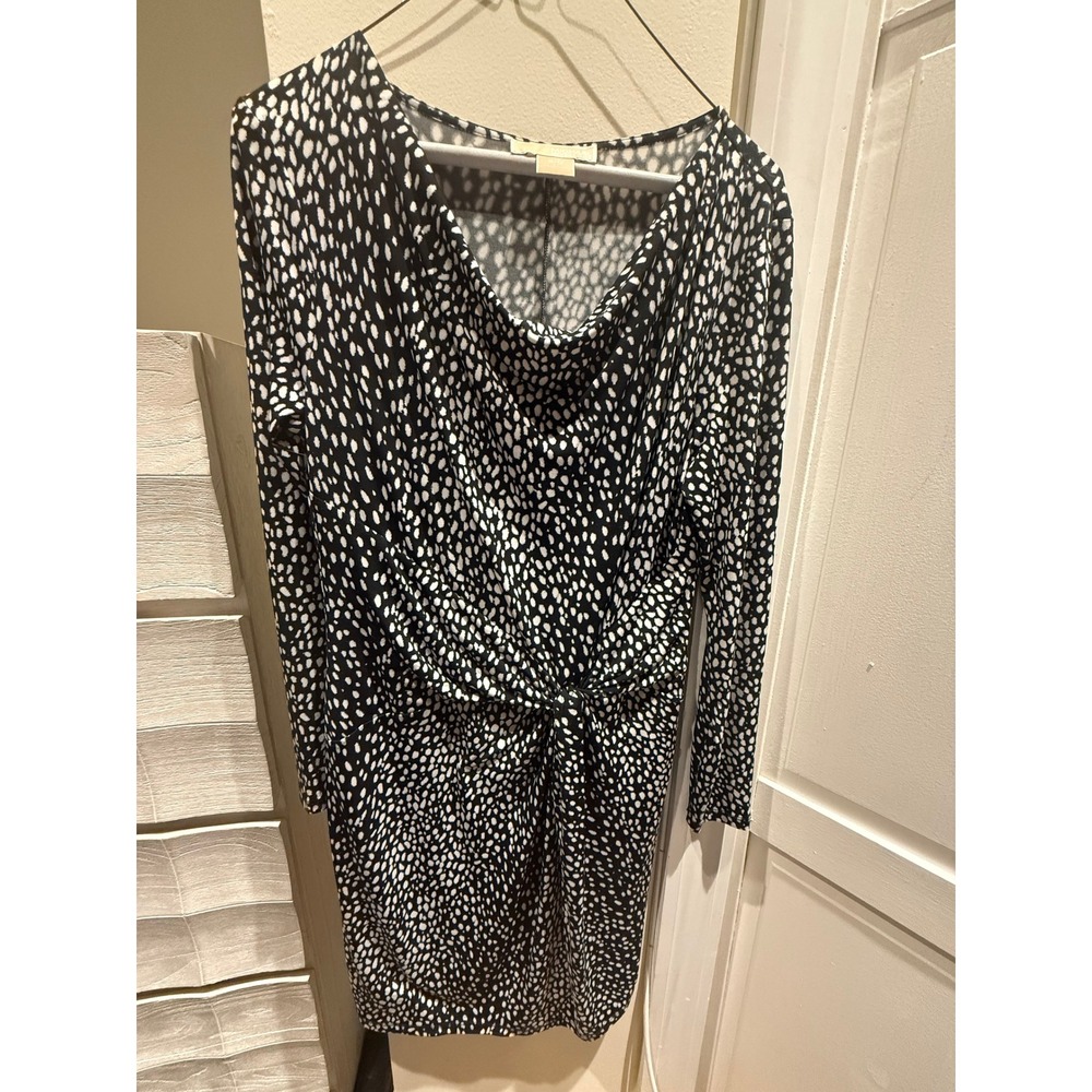 Michael Kors Black White Abstract Dot Twist Front Cowl Neck Sheath Dress PM